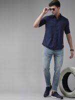 Roadster Men Navy Blue Pure Cotton Solid Casual Shirt