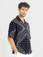 Snitch Navy Blue Classic Oversized Ethnic Motifs Printed Casual Shirt