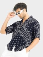 Snitch Navy Blue Classic Oversized Ethnic Motifs Printed Casual Shirt