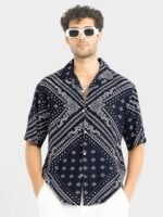 Snitch Navy Blue Classic Oversized Ethnic Motifs Printed Casual Shirt