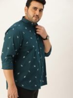 Sztori Men Plus Size Teal Green & White Pure Cotton Floral Printed Casual Shirt