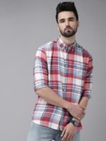 THE BEAR HOUSE Men Blue & Red Pure Cotton Slim Fit Tartan Checks Casual Shirt