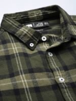 THE BEAR HOUSE Men Olive Green & White Slim Fit Checked Pure Cotton Casual Shirt