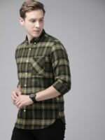 THE BEAR HOUSE Men Olive Green & White Slim Fit Checked Pure Cotton Casual Shirt