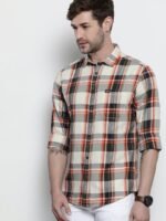 The Indian Garage Co Men Cream-Coloured Slim Fit Tartan Checked Casual Shirt