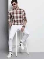 The Indian Garage Co Men Cream-Coloured Slim Fit Tartan Checked Casual Shirt