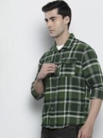 The Indian Garage Co Men Olive Green & White Comfort Checked Cotton Casual Shirt