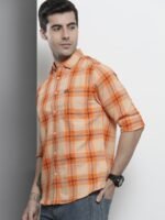 The Indian Garage Co Men Orange Comfort Checked Regular Fit Cotton Casual Shirt