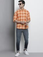 The Indian Garage Co Men Orange Comfort Checked Regular Fit Cotton Casual Shirt