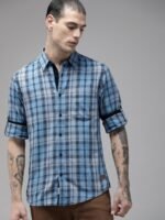 The Roadster Lifestyle Co Men Blue And Grey Tartan Checked Pure Cotton Casual Shirt