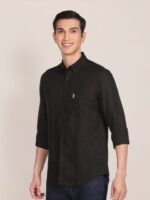 U.S. Polo Assn. Men Black Solid Linen Tailored Fit Casual Shirt