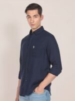 U.S. Polo Assn. Men Navy Blue Tailored Fit Solid Opaque Pure Linen Casual Shirt