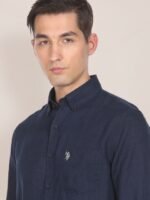 U.S. Polo Assn. Men Navy Blue Tailored Fit Solid Opaque Pure Linen Casual Shirt