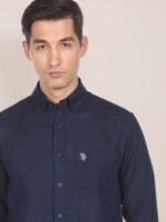 U.S. Polo Assn. Men Navy Blue Tailored Fit Solid Opaque Pure Linen Casual Shirt