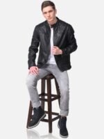 Woods Men Black Leather Water Resistant Leather Jacket