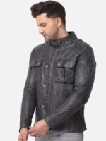 Woods Men Black Leather Water Resistant Longline Bomber with Patchwork Jacket