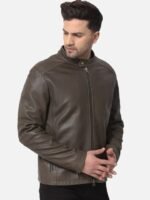 Woods Men Olive Green Leather Water Resistant Bomber with Embroidered Jacket