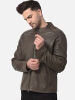 Woods Men Olive Green Leather Water Resistant Bomber with Embroidered Jacket