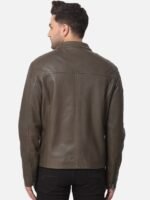 Woods Men Olive Green Leather Water Resistant Bomber with Embroidered Jacket