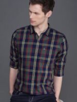 WROGN Men Navy Blue & Olive Green Slim Fit Checked Casual Shirt