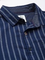 WROGN Men Navy Blue & White Pure Cotton Slim Fit Striped Casual Shirt