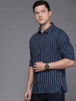 WROGN Men Navy Blue & White Pure Cotton Slim Fit Striped Casual Shirt