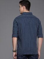 WROGN Men Navy Blue & White Pure Cotton Slim Fit Striped Casual Shirt