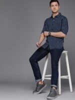 WROGN Men Navy Blue & White Pure Cotton Slim Fit Striped Casual Shirt